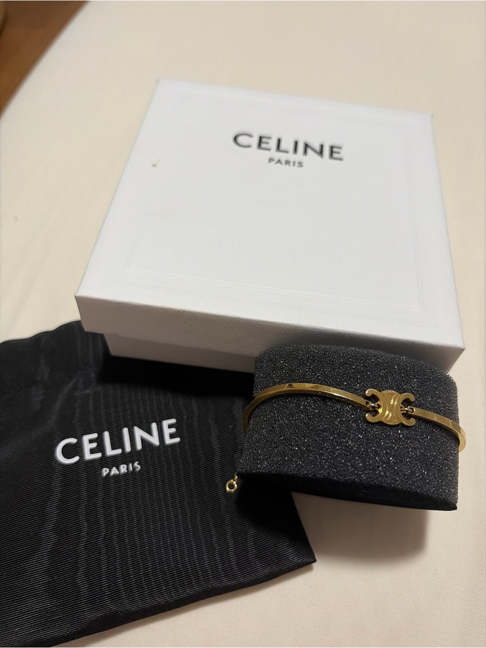 AUTHENTIC CELINE Gold colored Triomphe Slim Bangle Bracelet FULL SET